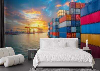 Aerial view of cargo carrying full container for logistic transportation, large ship in ocean freight shipping, and business commerce maritime.  Wall mural